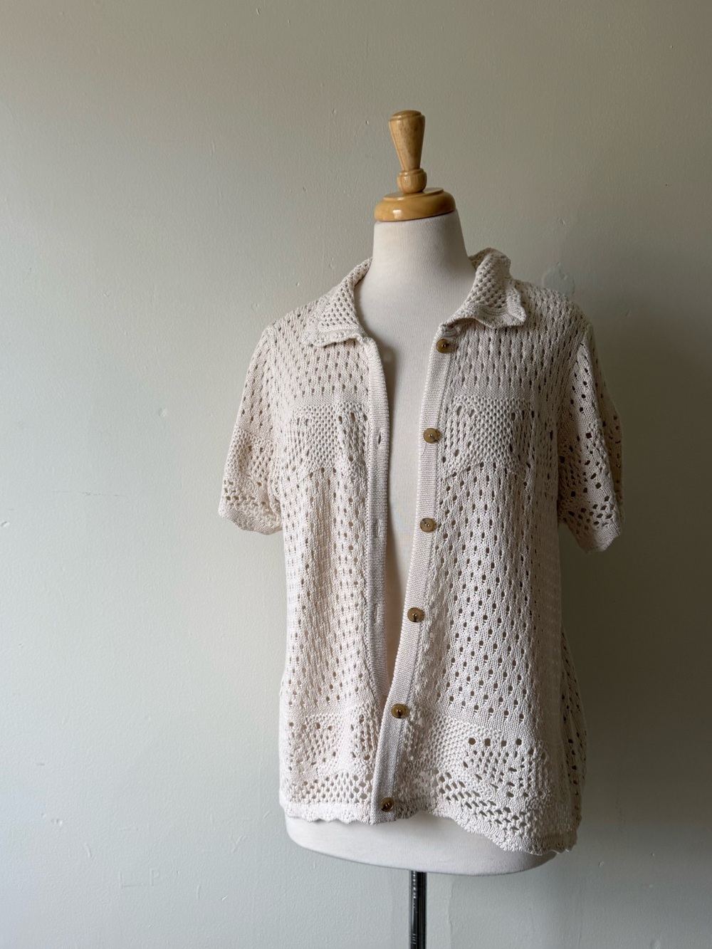 Cyrus Crochet Knit Button-Up Cardigan Top Cream Neutral Boho
